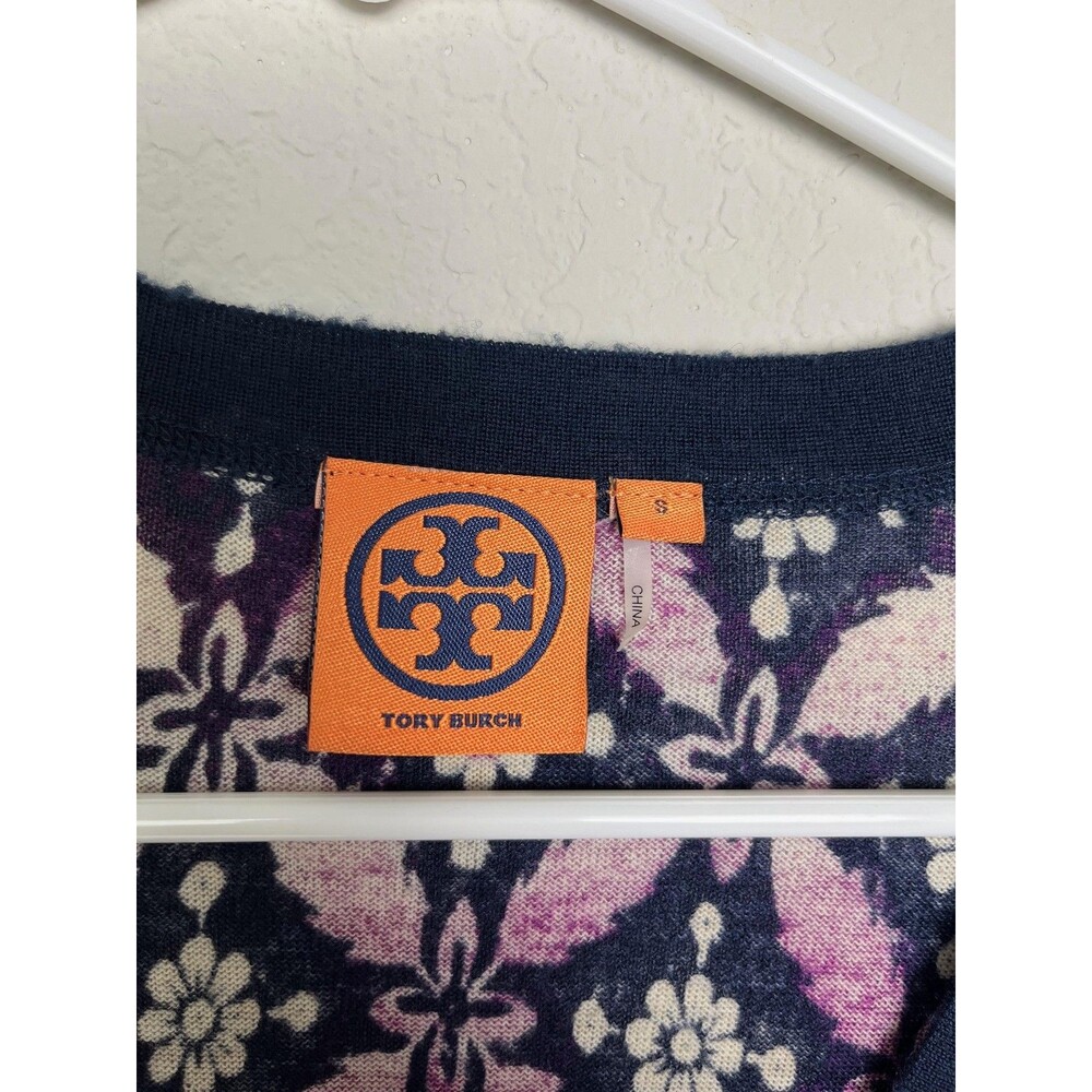 Tory Burch Cardigan Sweater Womens Small Blue Floral Wool Button Front Knit - Picture 3 of 8